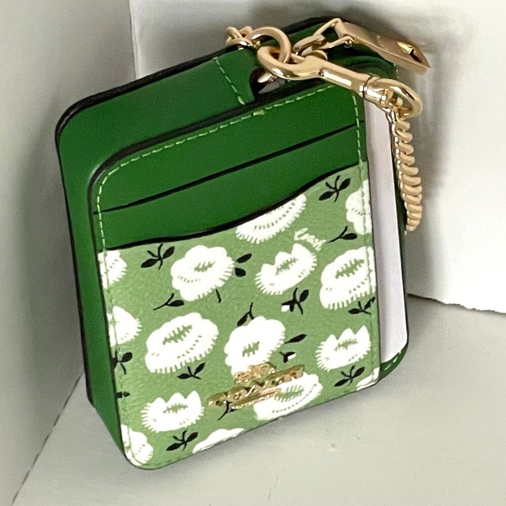 Coach Zip Card Case CBL79 Floral Print Kelly Green Multi Coated Canvas Chain - Picture 4 of 7